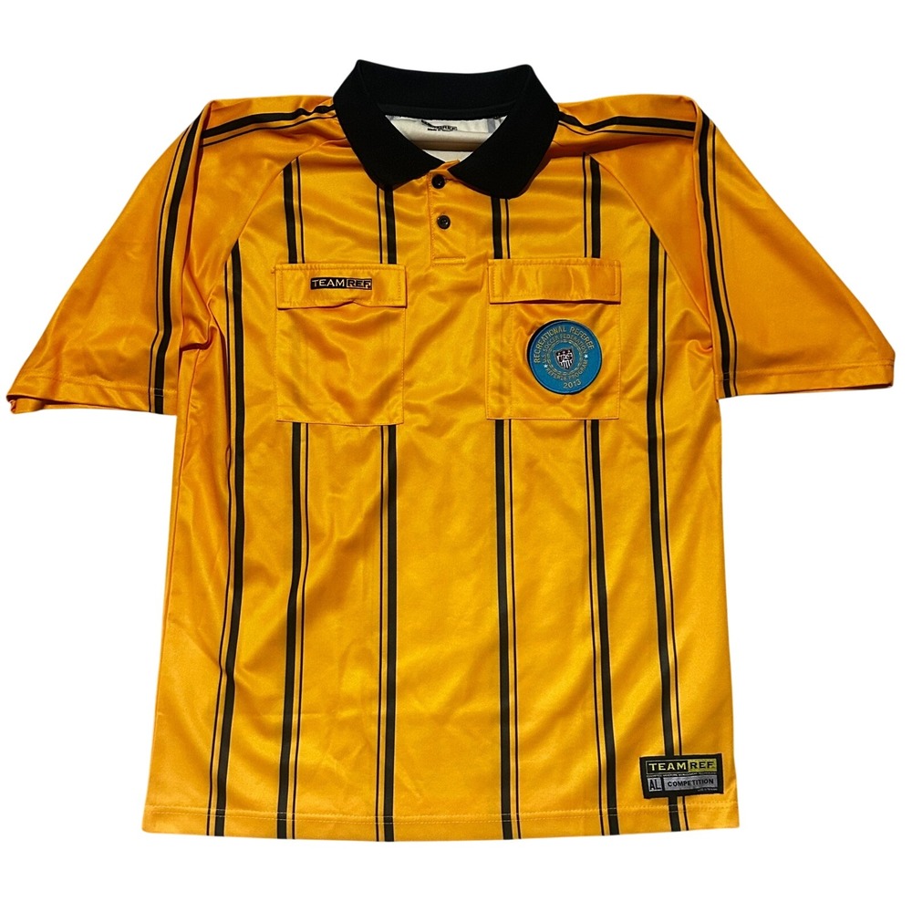 Team Ref Men Gold Black Striped Soccer Referee Jersey USSF Patch Adult Large